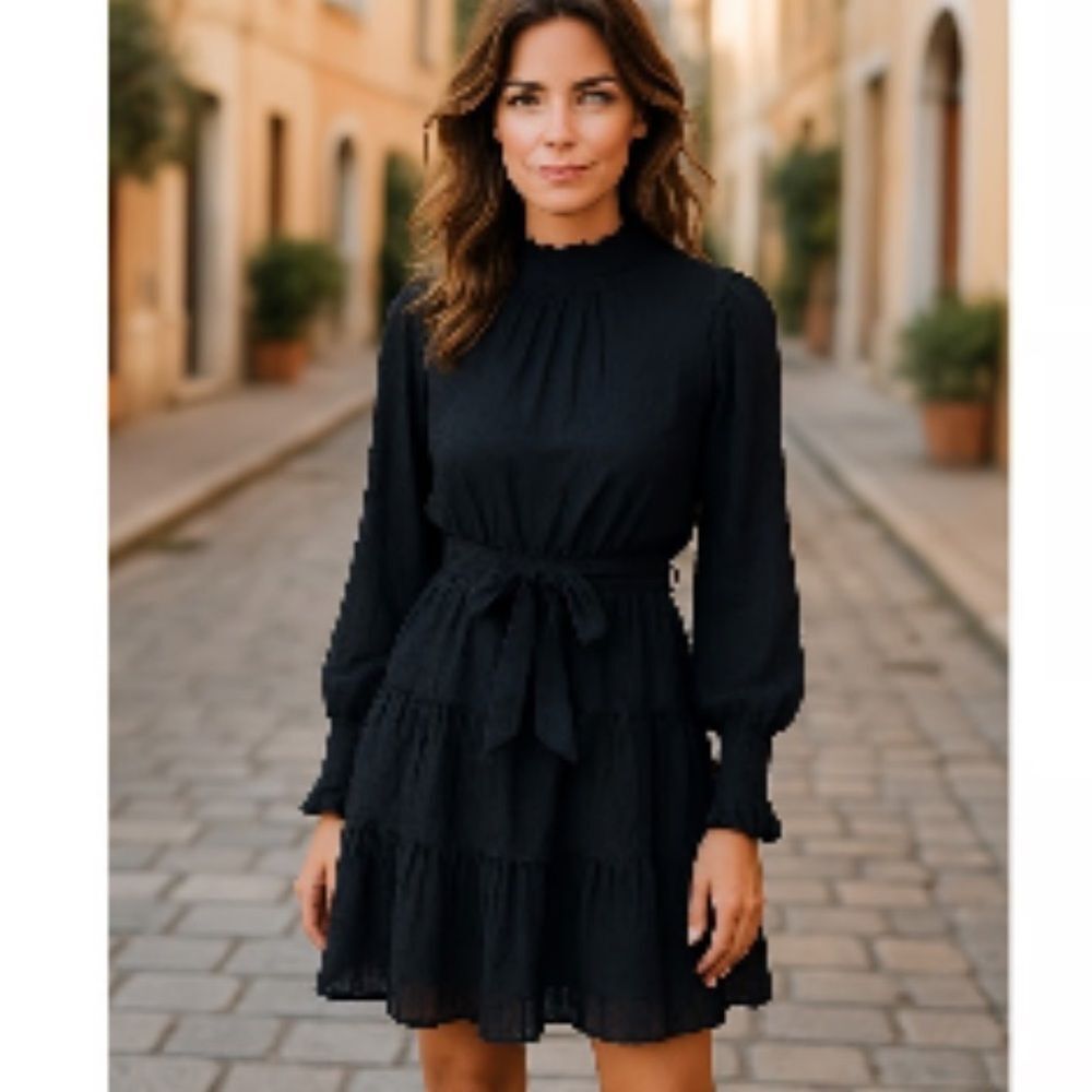Balticborn Long-Sleeve Tiered Tie-Waist Dress in Black size small